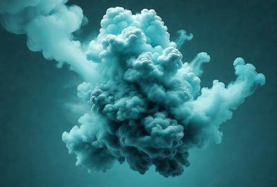 The primary subject of the image is a large, swirling cloud of smoke or vapor, which appears to be blue in color. The setting is a dark, blue background, which contrasts with the cloud. The visual style of the image is a digital art or illustration, as it captures the intricate details of the cloud. The dominant colors are blue and black, creating a moody and dramatic atmosphere.