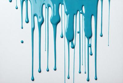 The primary subject of the image is a blue liquid, possibly water or paint, dripping down a white surface. The setting appears to be a white wall, and the visual style is a close-up of the dripping liquid. The colors and mood of the image are predominantly blue, creating a calm and serene atmosphere.