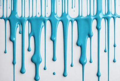 The primary subject of the image is a blue liquid, possibly a paint or a dye, dripping or flowing down a white surface. The setting appears to be a white wall, and the visual style is a close-up of the dripping blue substance. The colors and mood of the image are predominantly blue, creating a calm and serene atmosphere.