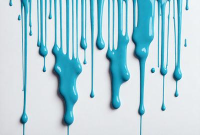 The primary subject of the image is a blue liquid, possibly paint or a similar substance, dripping down a white surface. The setting appears to be a white wall, and the visual style is a close-up of the dripping liquid. The colors and mood of the image are predominantly blue, creating a calm and serene atmosphere.