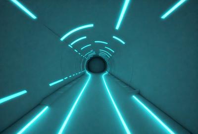 The primary subject of the image is a tunnel with a blue light illuminating it. The setting is a dark tunnel, and the visual style appears to be a digital art or illustration. The dominant colors are blue and purple, creating a futuristic and mysterious atmosphere.
