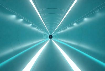 The primary subject of the image is a long, narrow, and brightly lit tunnel. The setting is a tunnel with a blue light illuminating it, creating a unique atmosphere. The visual style is a combination of a photo and digital art, as the tunnel appears to be a part of a futuristic cityscape. The colors and mood of the image are predominantly blue, giving it a calm and serene vibe.