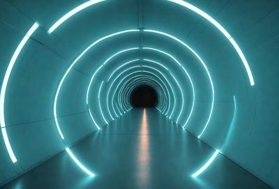 The primary subject of the image is a long, narrow, blue-lit tunnel. The tunnel is illuminated by a series of blue lights, creating a unique and visually striking atmosphere. The setting is an underground passage, and the visual style is a combination of a photo and digital art, giving the image a futuristic and surreal appearance. The dominant colors are blue and white, with the blue lights creating a sense of depth and intrigue.