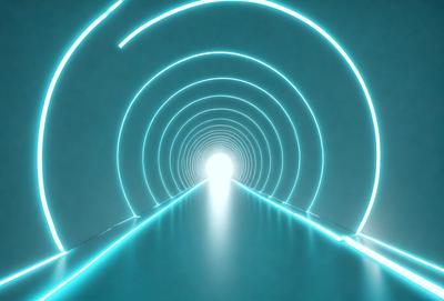 The primary subject of the image is a tunnel with a blue light illuminating it. The setting is a dark tunnel, and the visual style is a digital art or illustration. The dominant colors are blue and white, creating a calm and serene atmosphere.
