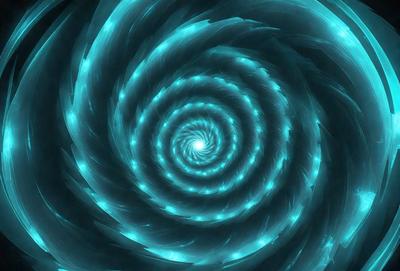 The primary subject of the image is a spiral pattern, which is a blue and white swirl. The setting is a blue background, and the visual style appears to be a digital art or illustration. The colors and mood of the image are predominantly blue and white, creating a sense of depth and movement.