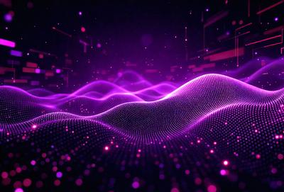 The primary subject of the image is a purple, pink, and white digital artwork featuring a large, abstract, and colorful design. The setting is a dark background, which contrasts with the vibrant colors of the artwork. The visual style is a combination of digital art and illustration, creating a unique and eye-catching pattern. The colors and mood of the image are predominantly purple and pink, giving it a lively and energetic atmosphere.