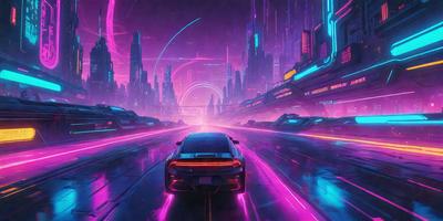 The primary subject of the image is a car driving down a pink road. The setting is a futuristic city with neon lights and buildings in the background. The visual style is a digital art or illustration, creating a vibrant and colorful atmosphere. The dominant colors are pink and purple, giving the scene a unique and eye-catching appearance.