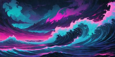 The primary subject of the image is a large, colorful wave with a purple and blue hue. The wave is depicted in a digital art style, giving it a vibrant and dynamic appearance. The setting is a vast ocean, with the wave being the main focus of the scene. The visual style of the image is a mix of digital art and illustration, creating a unique and eye-catching representation of the ocean wave.