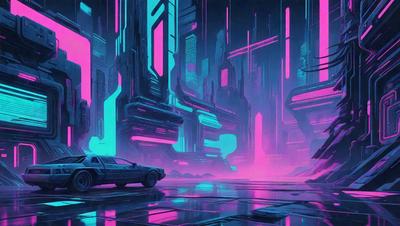 The primary subject of the image is a futuristic car, which is parked on a pink and purple road. The setting is a futuristic city with tall buildings and neon lights, creating a vibrant and colorful atmosphere. The visual style of the image is digital art, with the car and the cityscape depicted in a surreal and imaginative manner. The dominant colors in the image are pink and purple, which contribute to the overall mood of the scene.