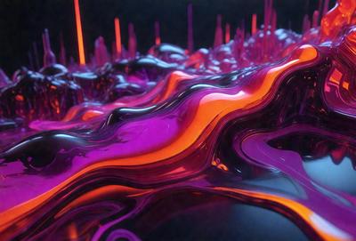 The primary subject of the image is a purple and orange liquid, which appears to be a digital art or illustration. The setting is a dark background, and the visual style is a combination of digital art and illustration. The dominant colors in the image are purple and orange, creating a vibrant and lively atmosphere.