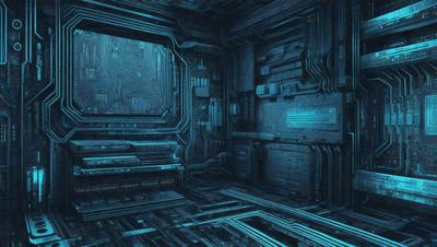 The primary subject of the image is a futuristic, blue-lit room with a maze-like structure. The setting is a dark, blue-lit environment, which creates a mysterious and intriguing atmosphere. The visual style is a combination of digital art and illustration, giving the room a unique and captivating appearance. The dominant colors are blue and black, which contribute to the room's futuristic and mysterious mood.