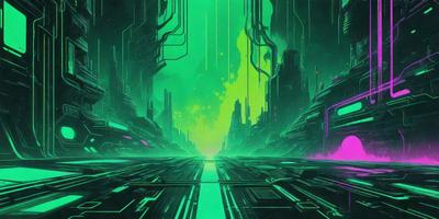 The primary subject of the image is a futuristic cityscape with a green and purple color scheme. The setting is a city with tall buildings and a large, open space. The visual style is a digital art or illustration, creating a unique and captivating atmosphere. The colors and mood convey a sense of wonder and excitement, as the viewer explores the intricate details of the cityscape.