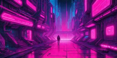 The primary subject of the image is a person walking down a hallway in a futuristic building. The setting is a pink-lit hallway with a purple background, giving the scene a futuristic and surreal atmosphere. The visual style is a digital art or illustration, with the person being the main focus of the image. The colors and mood of the image are predominantly pink and purple, creating a unique and striking visual experience.