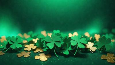 The primary subject of the image is a close-up of green and gold shamrocks. The setting is a green background, which creates a vibrant and lively atmosphere. The visual style is a combination of a photo and digital art, as the shamrocks are depicted in a detailed and realistic manner. The colors and mood of the image are predominantly green and gold, symbolizing luck and prosperity.