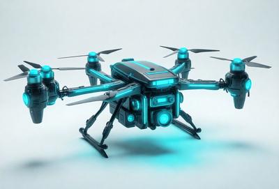 The primary subject of the image is a futuristic-looking drone with blue and green lights. The drone is positioned on a white surface, which serves as the setting or background. The visual style of the image is digital art, as it appears to be a computer-generated or digitally rendered object. The colors and mood of the image are predominantly blue and green, giving it a futuristic and technological appearance.