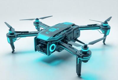 The primary subject of the image is a futuristic-looking drone with a blue and black color scheme. The drone is displayed on a white surface, which serves as the background. The visual style of the image is digital art, as it appears to be a computer-generated or digitally rendered object. The colors and mood of the image are predominantly blue and black, giving it a sleek and modern appearance.