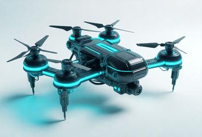 The primary subject of the image is a futuristic-looking drone with a blue and black color scheme. The drone is positioned on a white surface, which serves as the background. The visual style of the image is digital art, as it appears to be a computer-generated or digitally rendered object. The colors and mood of the image are predominantly blue and black, giving it a sleek and modern appearance.