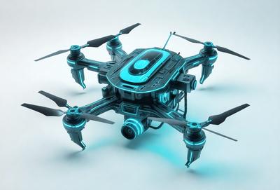 The primary subject of the image is a futuristic-looking drone or robot with blue and green lights. The drone is positioned on a white surface, which serves as the background. The visual style of the image is digital art, as it appears to be a computer-generated or digitally rendered object. The colors and mood of the image are predominantly blue and green, giving it a futuristic and technological appearance.