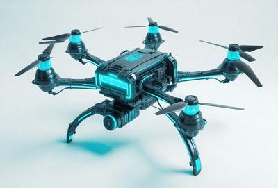 The primary subject of the image is a futuristic-looking drone with a green glow. The drone is positioned on a white surface, which serves as the background. The visual style of the image is digital art, as it appears to be a computer-generated or digitally rendered object. The colors and mood of the image are predominantly green, giving it a futuristic and technological feel.