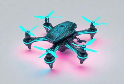 The primary subject of the image is a small, colorful drone with blue and green lights. The drone is sitting on a pink surface, which contrasts with the vibrant colors of the drone. The setting appears to be a gray background, which further emphasizes the drone's colors. The visual style of the image is a digital art or illustration, showcasing the intricate details of the drone. The overall atmosphere of the image is lively and energetic, thanks to the vivid