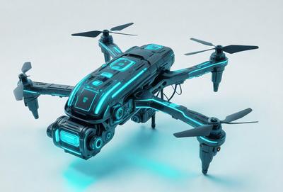 The primary subject of the image is a futuristic-looking drone with a blue and black color scheme. The drone is sitting on a white surface, which serves as the background. The visual style of the image is digital art, as it appears to be a computer-generated or digitally rendered object. The colors and mood of the image are predominantly blue and black, giving it a sleek and modern appearance.