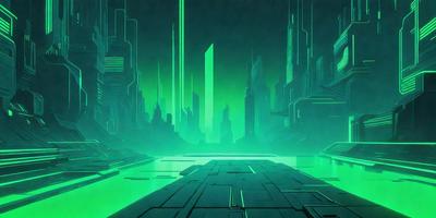 The primary subject of the image is a futuristic cityscape with a green, glowing atmosphere. The setting is a city with tall buildings and a large body of water. The visual style is a digital art or illustration, creating a vibrant and captivating scene. The colors and mood are predominantly green, giving the image a sense of tranquility and otherworldliness.