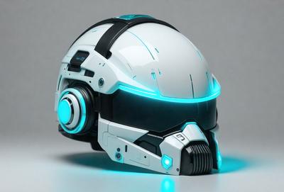 The primary subject of the image is a futuristic-looking white helmet with blue accents. The helmet is placed on a gray surface, which serves as the setting or background. The visual style of the image is digital art, as it appears to be a computer-generated or digitally rendered representation of the helmet. The colors and mood of the image are predominantly blue and gray, giving it a sleek and modern appearance.