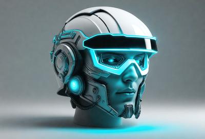 The primary subject of the image is a futuristic-looking helmet with a blue glow. The helmet is placed on a gray surface, which serves as the setting or background. The visual style of the image is digital art, as it appears to be a computer-generated or digitally rendered image. The colors and mood of the image are predominantly blue, giving it a futuristic and high-tech appearance.