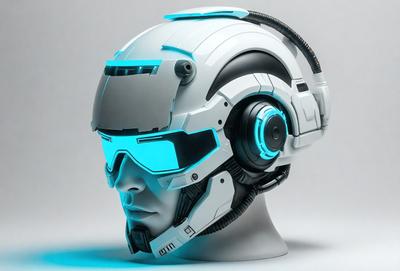 The primary subject of the image is a futuristic-looking headpiece, possibly a helmet or a headset, with a blue glow. The setting is a white background, which provides a clean and minimalist appearance. The visual style is a combination of digital art and illustration, creating a unique and intriguing design. The colors and mood of the image are predominantly blue, which adds a sense of futuristic and technological atmosphere to the scene.