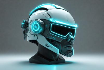 The primary subject of the image is a futuristic robot head with glowing blue eyes. The setting is a gray background, which contrasts with the blue glow of the robot's eyes. The visual style is a digital art or illustration, creating a futuristic and technological atmosphere. The colors and mood are predominantly blue, with a hint of green, giving the image a cool and futuristic vibe.
