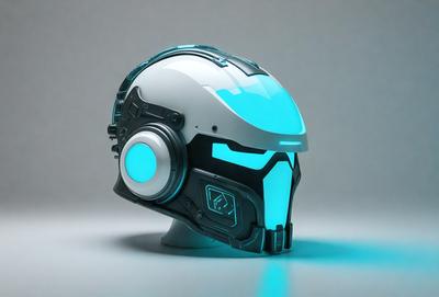 The primary subject of the image is a futuristic-looking helmet with a blue glow. The helmet is placed on a gray surface, which serves as the setting or background. The visual style of the image is digital art, as it appears to be a computer-generated or digitally rendered object. The colors and mood of the image are predominantly blue and futuristic, giving it a sense of technology and innovation.