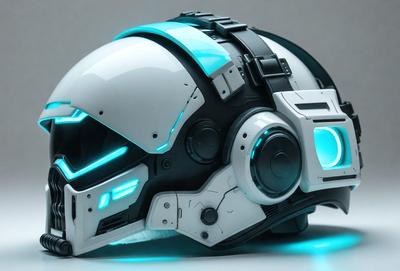 The primary subject of the image is a futuristic white and blue helmet. The helmet is placed on a white surface, which serves as the background. The visual style of the image is a combination of photo and digital art, creating a realistic yet futuristic appearance. The colors and mood of the image are predominantly blue and white, giving it a sleek and modern look.