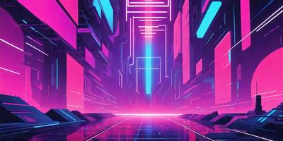 The primary subject of the image is a futuristic cityscape with a pink and blue color scheme. The setting is a large, multi-level building with a walkway that leads to a brightly lit area. The visual style is a combination of digital art and illustration, creating a vibrant and dynamic environment. The colors and mood of the scene are energetic and lively, with the pink and blue hues evoking a sense of excitement and wonder.
