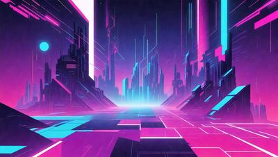 The primary subject of the image is a futuristic cityscape with a pink and blue color scheme. The setting is a futuristic city with a lot of buildings, and the visual style is a digital art or illustration. The colors and mood of the image are vibrant and energetic, creating a sense of excitement and wonder.