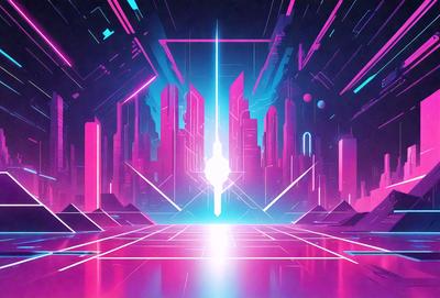 The primary subject of the image is a futuristic cityscape with a pink and blue color scheme. The setting is a futuristic city with a large building and a space station in the background. The visual style is a digital art or illustration, creating a vibrant and dynamic atmosphere. The colors and mood of the image are predominantly pink and blue, giving it a futuristic and dreamy quality.