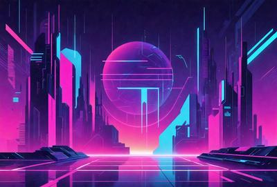 The primary subject of the image is a futuristic cityscape with a large, pink, glowing sphere in the center. The setting is a futuristic city with a purple sky, and the visual style is a digital art or illustration. The colors and mood of the image are vibrant and energetic, with the pink sphere and purple sky creating a sense of wonder and excitement.