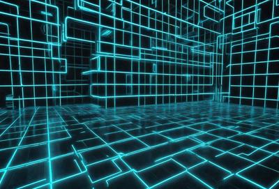 The primary subject of the image is a blue, geometric patterned floor. The setting is a room with a blue, geometric patterned floor. The visual style is digital art, as the floor appears to be a digital pattern. The colors and mood are predominantly blue, creating a calm and futuristic atmosphere.