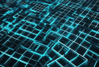 The primary subject of the image is a blue, geometric pattern. The setting is a dark blue background, which creates a contrasting and visually striking scene. The visual style is a combination of digital art and illustration, as the pattern appears to be a digital creation. The dominant colors are blue and black, giving the image a modern and sophisticated mood.