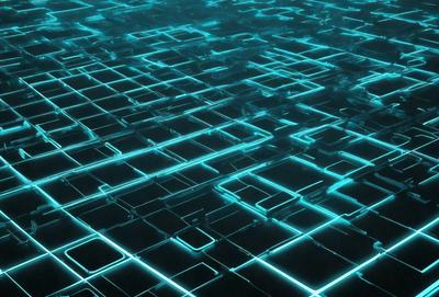 The primary subject of the image is a blue, neon-lit grid pattern. The setting is a dark background, which contrasts with the bright blue neon lights. The visual style is a digital art or illustration, as the grid pattern is created using a computer or digital tools. The colors and mood of the image are predominantly blue and futuristic, with the neon lights adding a sense of depth and intrigue to the scene.