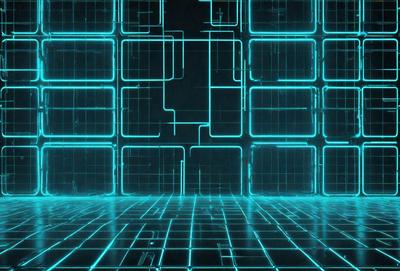 The primary subject of the image is a futuristic, digital art-style scene featuring a blue, geometric pattern. The setting is a dark room with a blue-lit environment, creating a moody atmosphere. The visual style is a combination of digital art and illustration, with a focus on the blue geometric pattern. The colors and mood of the image are predominantly blue, giving it a futuristic and mysterious feel.