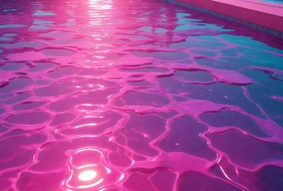 The primary subject of the image is a swimming pool filled with a pink liquid. The setting is a swimming pool, and the visual style appears to be a digital art or illustration. The dominant colors in the image are pink and purple, creating a vibrant and lively atmosphere.