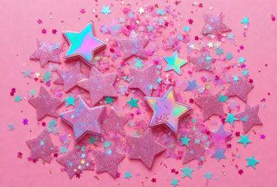 The primary subject of the image is a collection of star-shaped decorations, which are predominantly pink and purple in color. These decorations are scattered across a pink surface, creating a visually appealing and festive atmosphere. The setting appears to be a celebration or a special event, as the star decorations are the main focus of the image. The visual style of the image is a close-up of the star decorations, highlighting their unique shapes and colors.