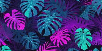 The primary subject of the image is a large group of purple and blue leaves, which are the main objects in the scene. The leaves are arranged in a dense, colorful pattern, creating a vibrant and lively atmosphere. The setting is a dark background, which contrasts with the bright colors of the leaves, making them stand out even more. The visual style of the image is a combination of digital art and illustration, as it appears to be a well-crafted and detailed artwork. The colors and mood of