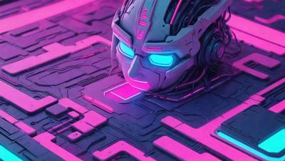 The primary subject of the image is a robot head with blue eyes, which is placed on a pink background. The robot head appears to be made of metal and has a futuristic design. The setting is a futuristic environment, and the visual style is digital art. The dominant colors in the image are pink and blue, creating a vibrant and futuristic atmosphere.