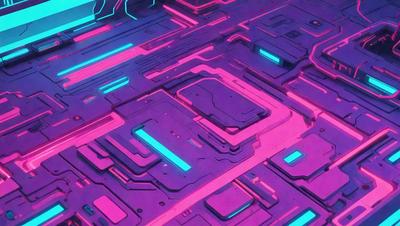 The primary subject of the image is a futuristic, neon-colored, computer-generated design. The setting is a purple and pink background, which adds to the overall visual style. The design appears to be a combination of a futuristic cityscape and a computer circuit board, creating a unique and captivating visual experience. The colors and mood of the image are vibrant and energetic, with the neon colors and pink and purple background creating a sense of excitement and innovation