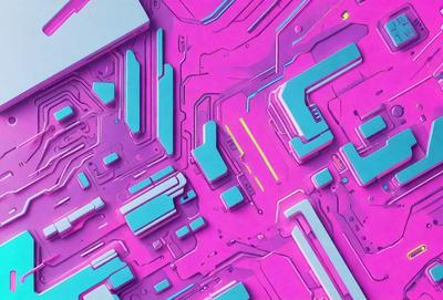 The primary subject of the image is a pink and purple computer circuit board. The setting is a close-up of the circuit board, showcasing its intricate design. The visual style is a combination of digital art and illustration, creating a unique and eye-catching design. The dominant colors are pink and purple, giving the image a vibrant and energetic atmosphere.