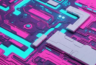 The primary subject of the image is a futuristic, colorful, and intricate computer circuit board. The setting is a pink and purple background, which adds a vibrant and unique touch to the scene. The visual style is a combination of digital art and illustration, creating a captivating and imaginative representation of the circuit board. The dominant colors are pink, purple, and neon green, giving the image a lively and energetic atmosphere.