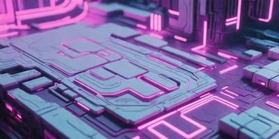 The primary subject of the image is a futuristic, neon-colored cityscape. The setting is a purple and blue background, which adds to the futuristic and vibrant atmosphere. The visual style is a combination of digital art and illustration, creating a unique and captivating scene. The colors and mood of the image are predominantly purple and blue, with a touch of pink, giving it a futuristic and otherworldly appearance.