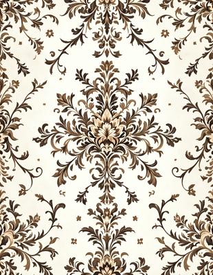 The primary subject of the image is a beautifully designed wallpaper with a floral pattern. The setting is a wall, and the visual style is a combination of photo and digital art. The colors and mood of the image are warm and inviting, with the dominant colors being brown and gold. The wallpaper features a large floral pattern, which adds a touch of elegance and sophistication to the space.