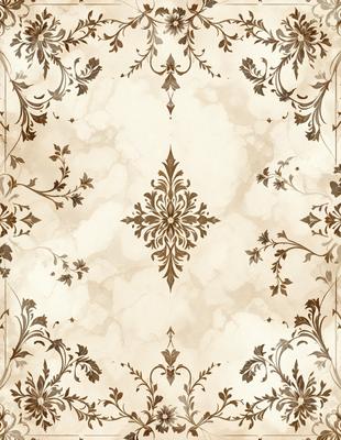 The primary subject of the image is a decorative wallpaper with a floral pattern. The setting is a white wall, and the visual style is a combination of a photo and a drawing. The colors and mood of the image are predominantly brown and cream, giving it a warm and inviting atmosphere.